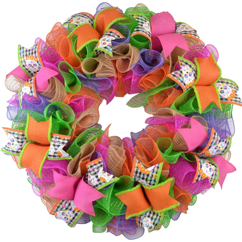 Sugar Skulls Day of the Dead Wreath – Front Door Mesh Wreath – Gingham Orange Lime Green Hot Pink Purple No Centerpiece