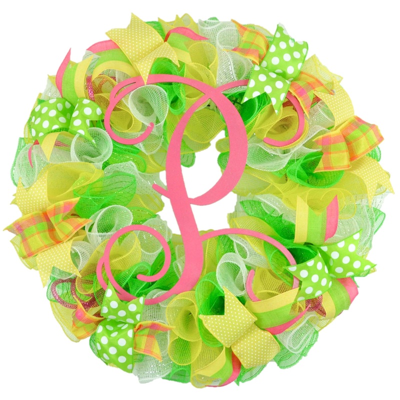 Summer Spring Welcome Mesh Door Wreath; Lime Green Yellow White No Centerpiece