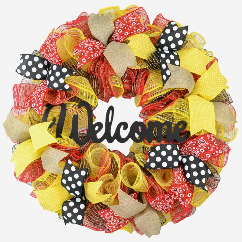 Summer Welcome Mesh Wreath, Yellow Wreaths for Front Door, Black Red No Centerpiece