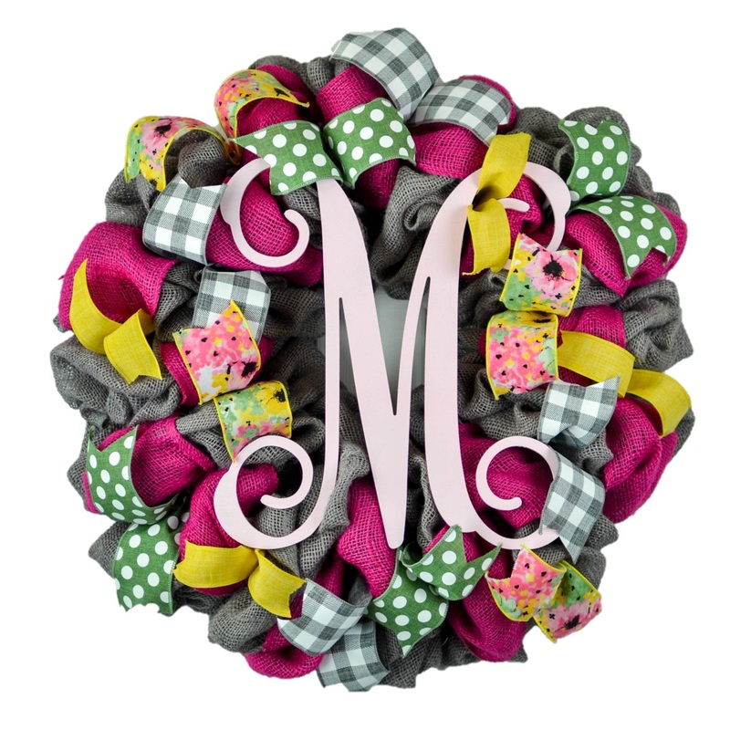Summer Wreaths with Initial – Monogram Burlap Welcome Wreath – Jute Burlap Spring Decor – Pink Moss Green White No Centerpiece