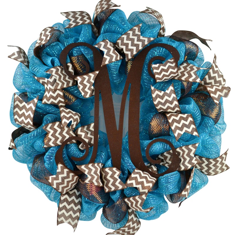 Turquoise and Brown Monogram Door Wreath | LOTS of colors! No Centerpiece