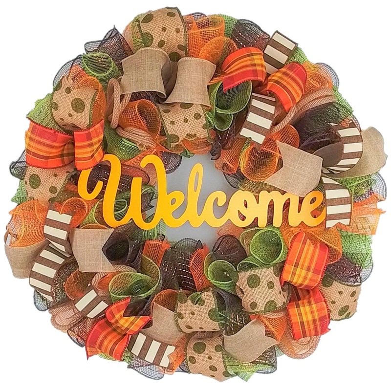 Welcome Fall Wreaths, Thanksgiving Front Door Wreath, Green, Brown : F1 No Centerpiece