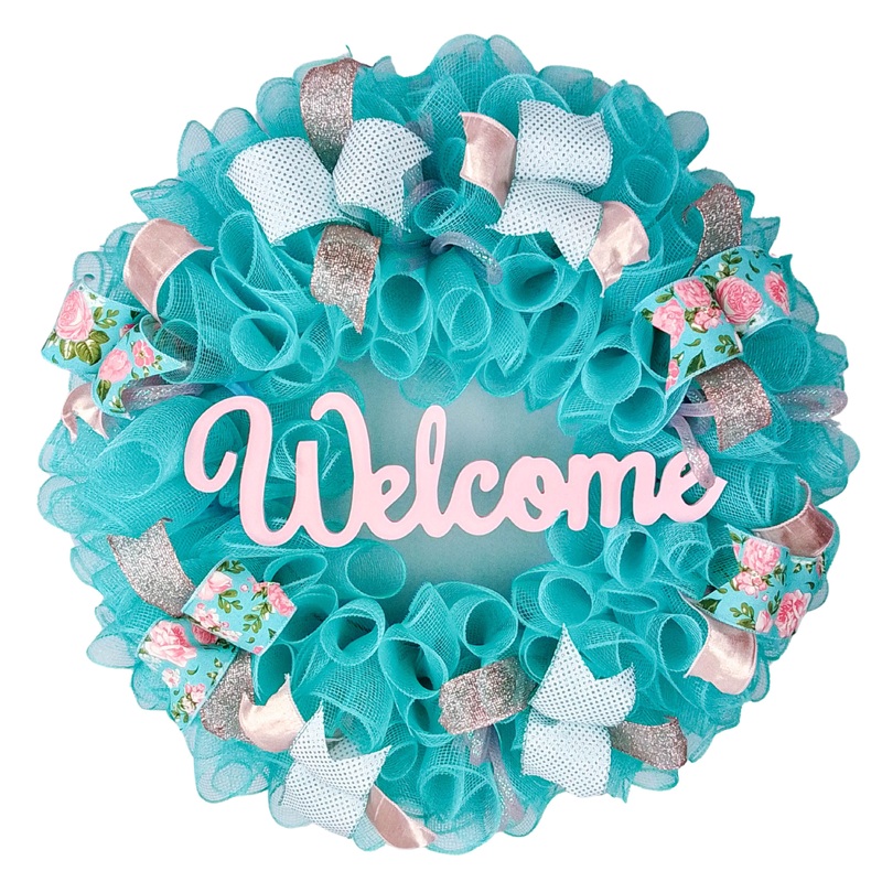 Welcome Turquoise Rose Gold Wreath – Gift for Her – Everyday Floral Spring Decor No Centerpiece