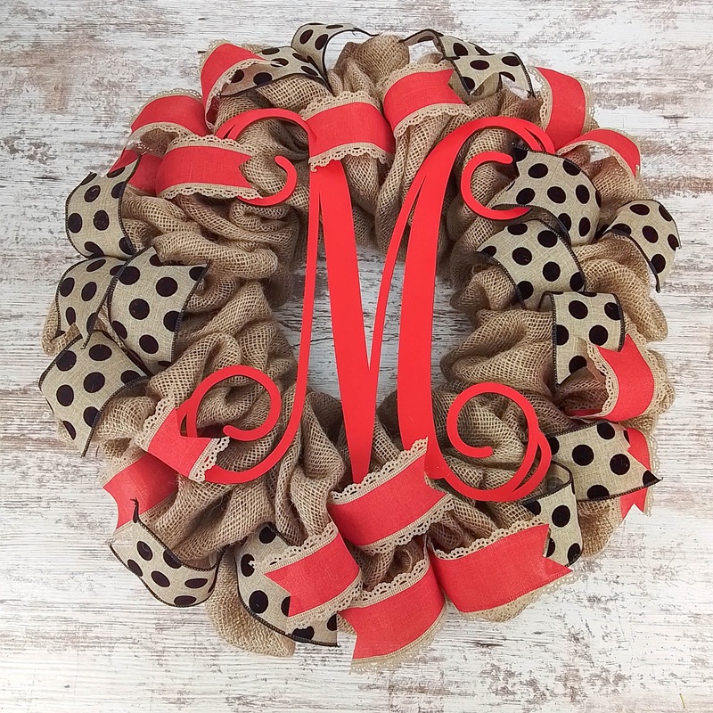 Burlap Wreath, Red Ribbon Door Decor, Custom Letter Accent No Centerpiece