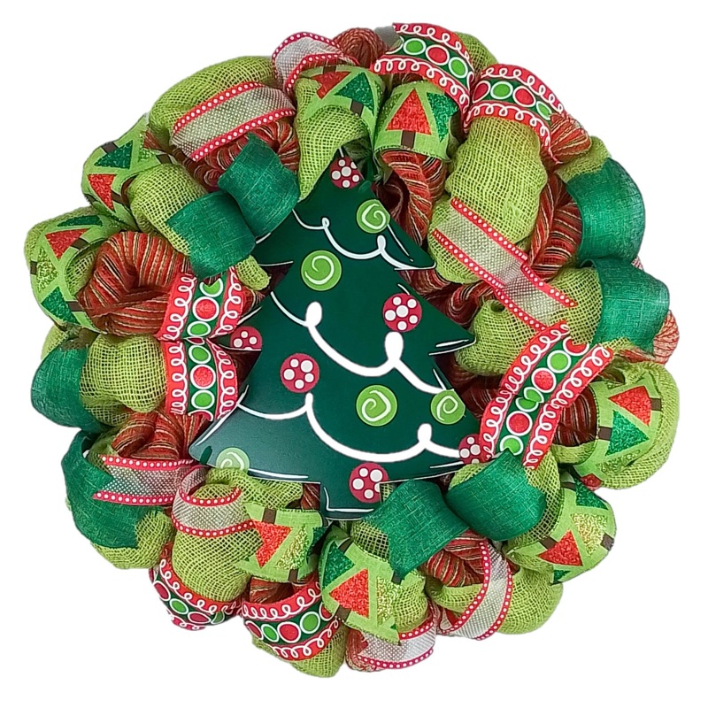 Christmas Wreath – Holiday Tree Decor Front Door Wreath – Red Lime Green Burlap