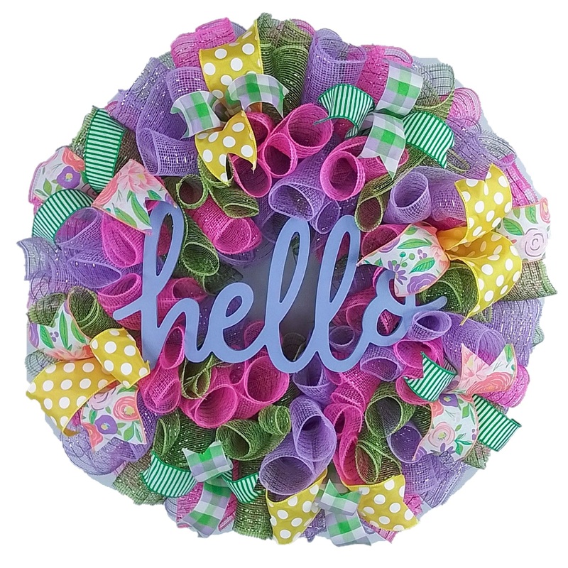 Colorful Deco Mesh Wreath, Removable Hello Sign, Indoor and Outdoor Decoration No Centerpiece