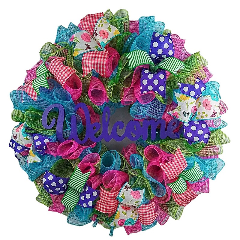 Colorful Deco Mesh Wreath, Welcome Door Decoration, Festive Event Decor No Centerpiece