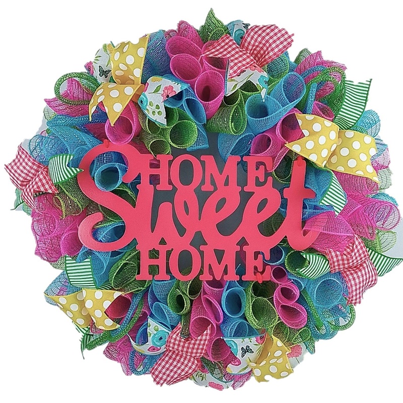 Colorful Ribbon Wreath, Home Sweet Home Decor, Housewarming Gift Idea No Centerpiece