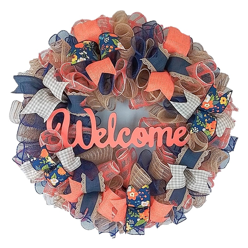 Decorative Welcome Wreath, Home Dcor Gift, Peach and Navy Blue Wreath No Centerpiece