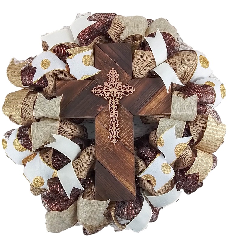 Elegant Burlap & Deco Mesh Cross Wreath  Rustic Christian Door Dcor