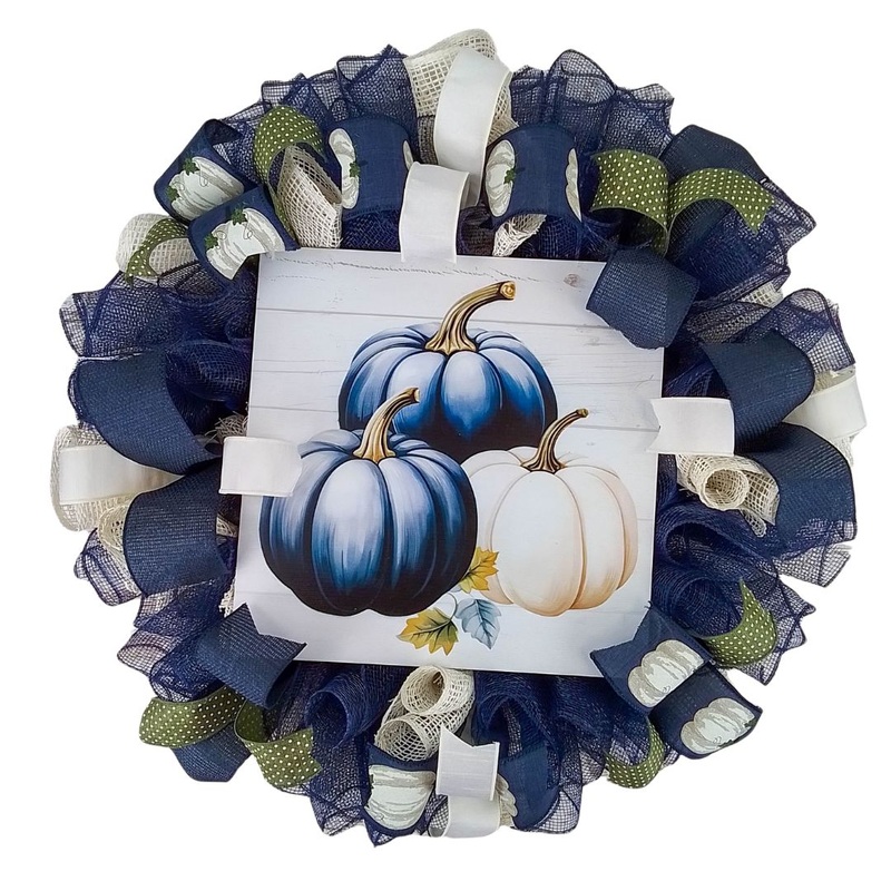 Fall Decorative Wreath, Navy Blue Pumpkin Design, Perfect for Seasonal Decoration No Centerpiece