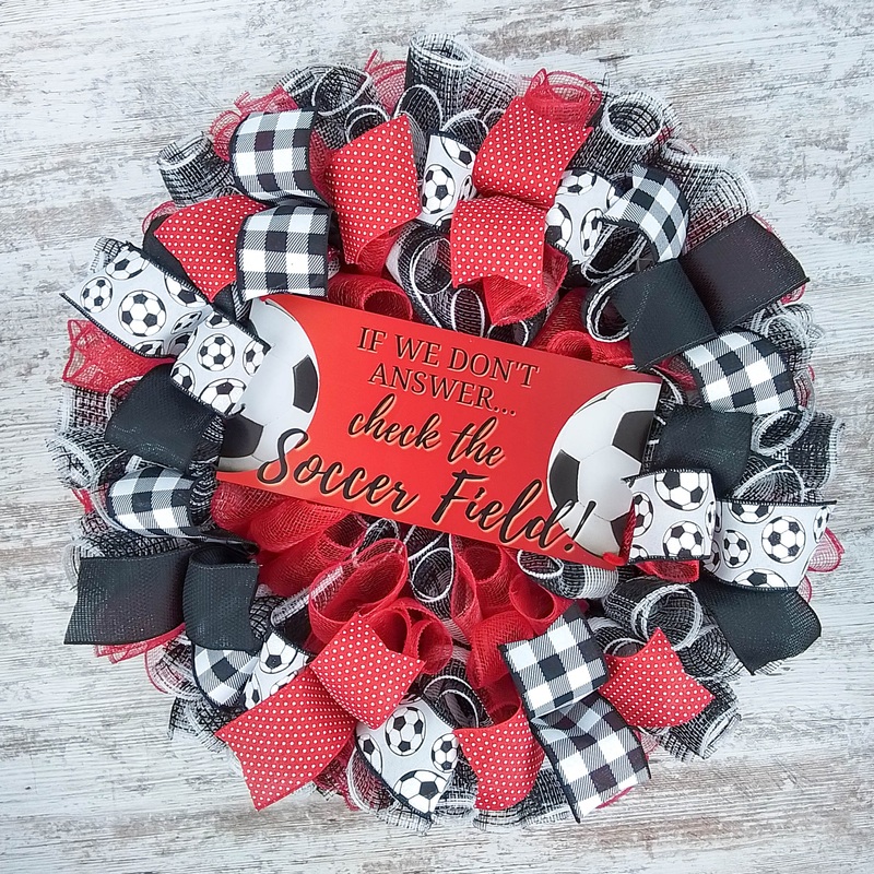 Soccer Ball Sports Mesh Door Wreath; If We Don’t Answer Check the Soccer Field | Red Black White