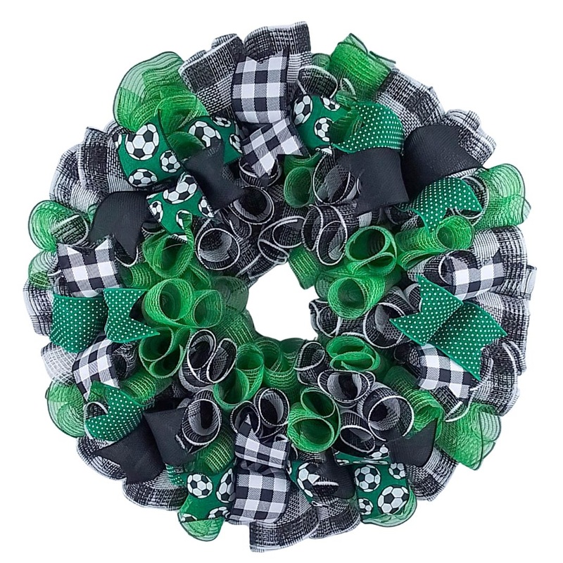 Soccer-Themed Wreath, Sports Lover’s Decor, Vibrant Green and Black Event Decoration