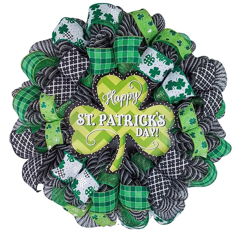 St. Patrick’s Day Wreath, Holiday Door Decor, Shamrock Ribbon Wreath