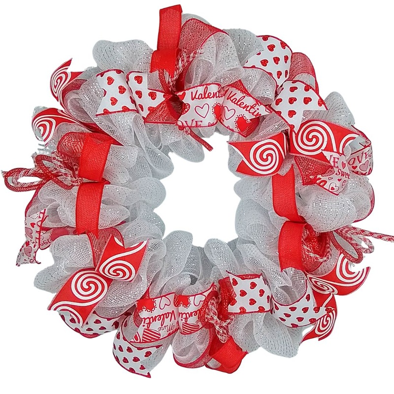 Valentine’s Day Red & White Mesh Wreath  Handmade Heart & Swirl Ribbon Dcor No centerpiece