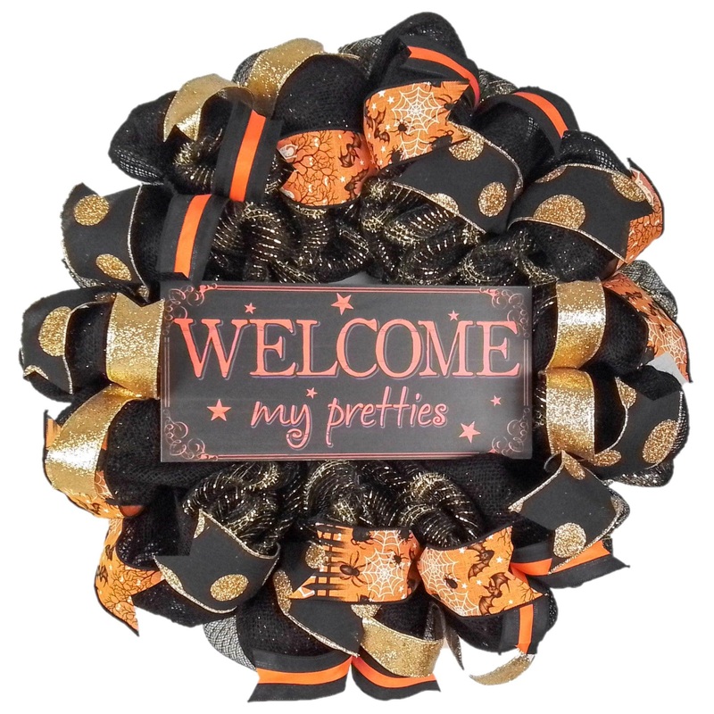 Welcome My Pretties Wreath | Halloween Witch Front Door Wreath | Black Orange Gold (Copy)