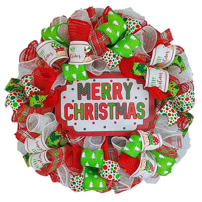 Whimsical Merry Christmas Wreath – Bright Outdoor Front Door Wreath – Fun Red White Lime Green Polka Dot