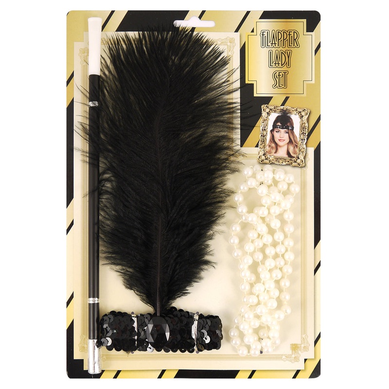 1920’s Flapper Feather Headband, Necklace & Cigarette Holder Accessory Kit