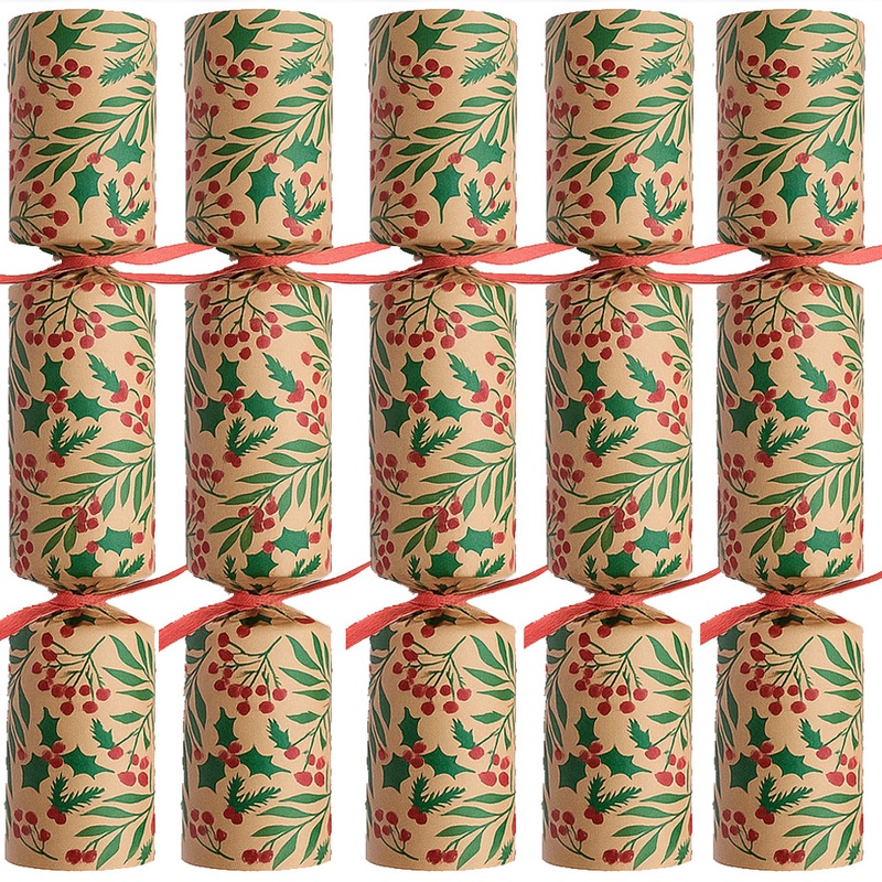 100 x Christmas Crackers Eco-Friendly Holly Kraft – 10″ – Bulk Pack