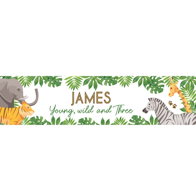 Young, Wild and THREE Jungle Animals Personalised Banner Decoration – 1.2m