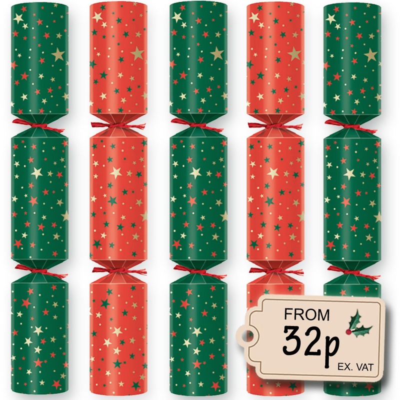 100 X Christmas Crackers 9″ Plastic Free Red & Green Star Design