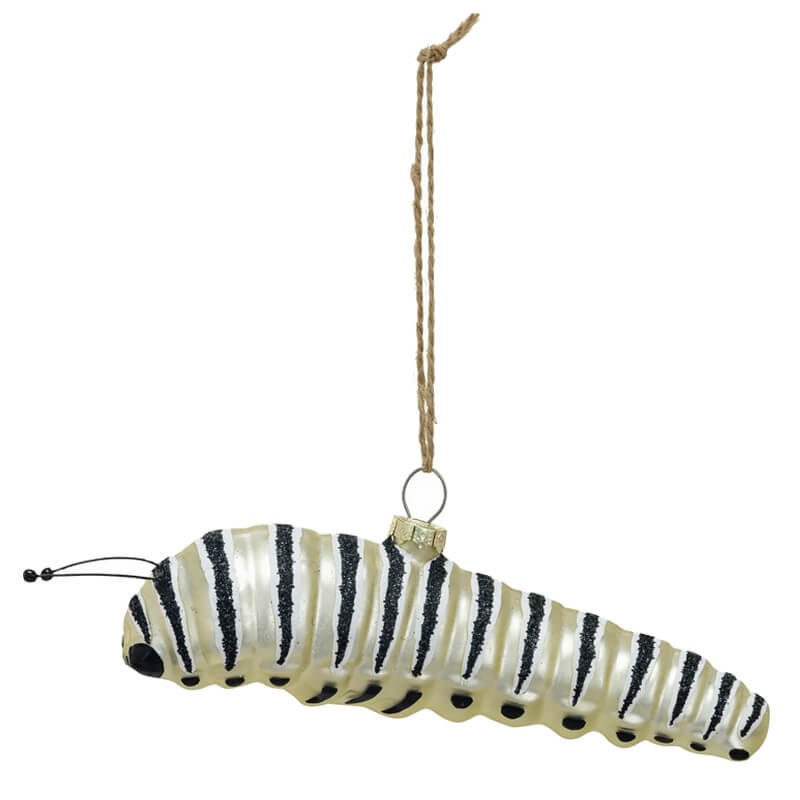 Hand-Painted Beige & Black Striped Glass Caterpillar Ornament