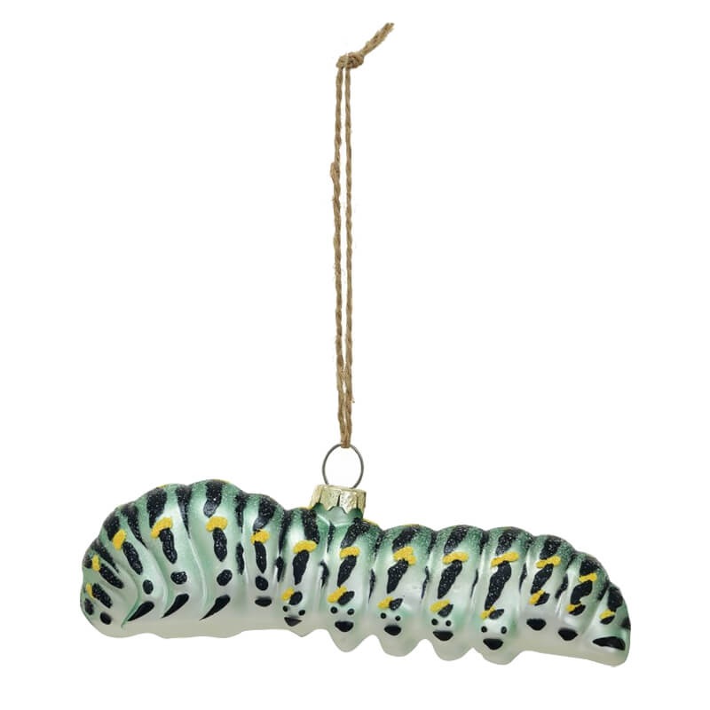 Hand-Painted Green & Yellow Spotted Glass Caterpillar Ornament