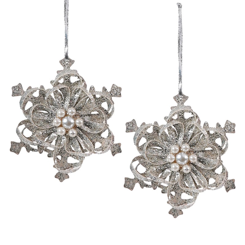 Platinum Pearl & Glitter Looped Snowflake Ornaments