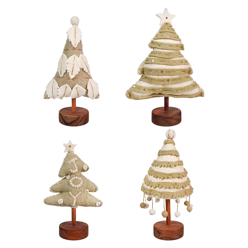 Wool Felt Christmas Trees With Applique, Pom Poms, Star & Wood Base Set/4