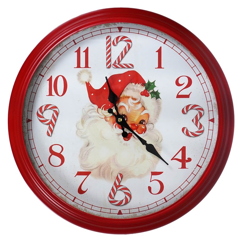 16.5″ Jolly Santa & Candy Cane Metal & Glass Wall Clock