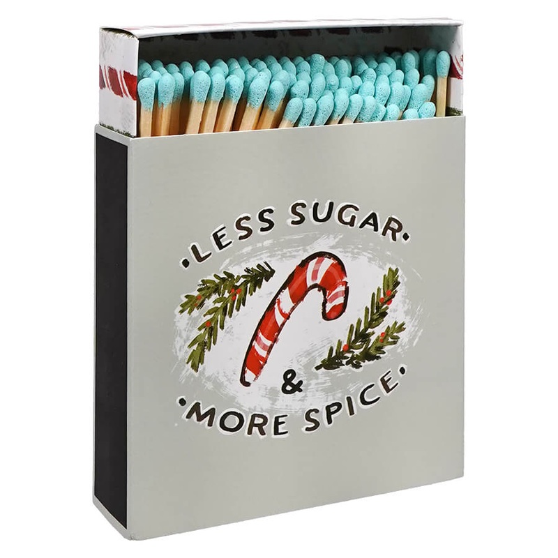 4.25″ Long Safety Matches In Embossed “Less Sugar & More Spice” Candy Cane Matchbox