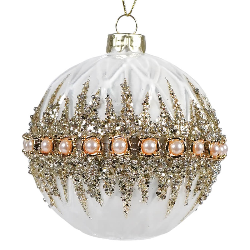 Beaded Ivory & Gold Pearl Glass Ball Ornament