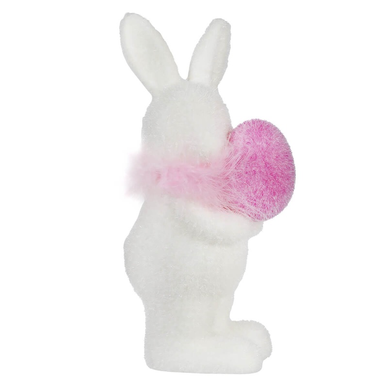 10″ Flocked White Bunny Holding Pink Egg
