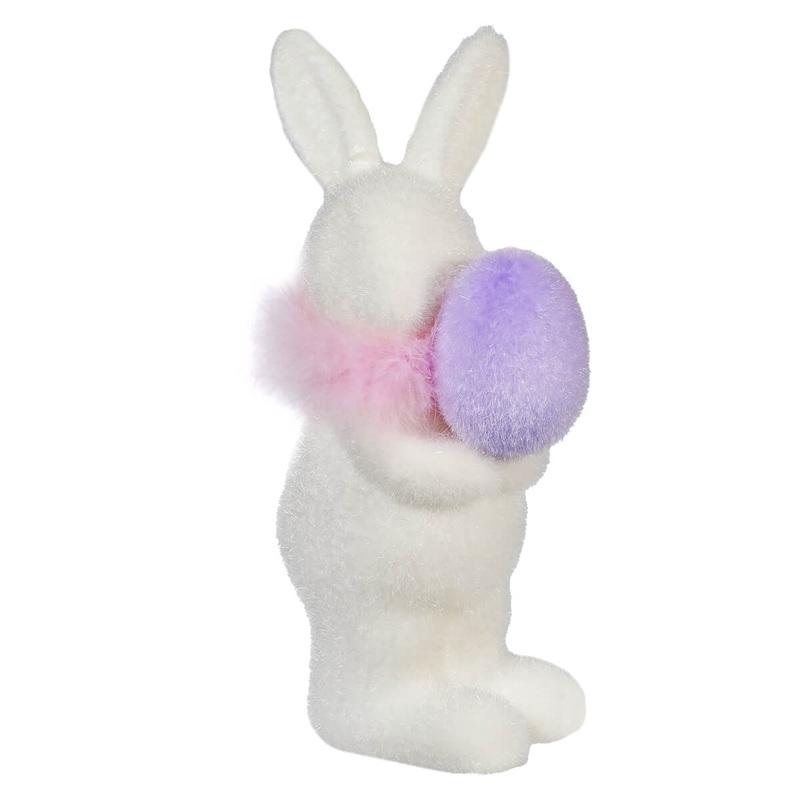 10″ Flocked White Bunny Holding Purple Egg