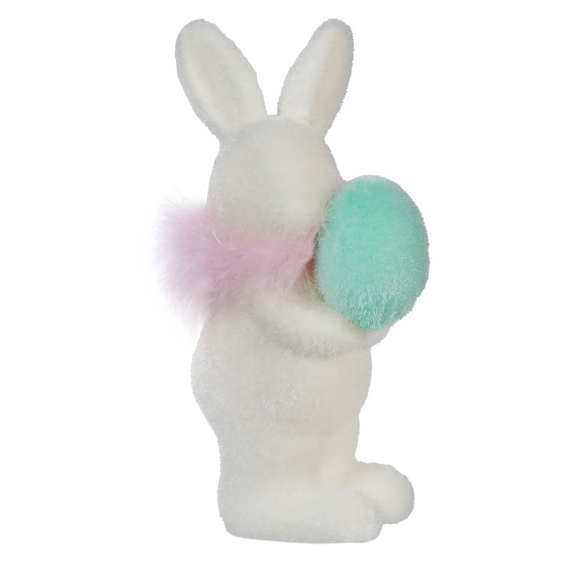 10″ Flocked White Bunny Holding Teal Egg
