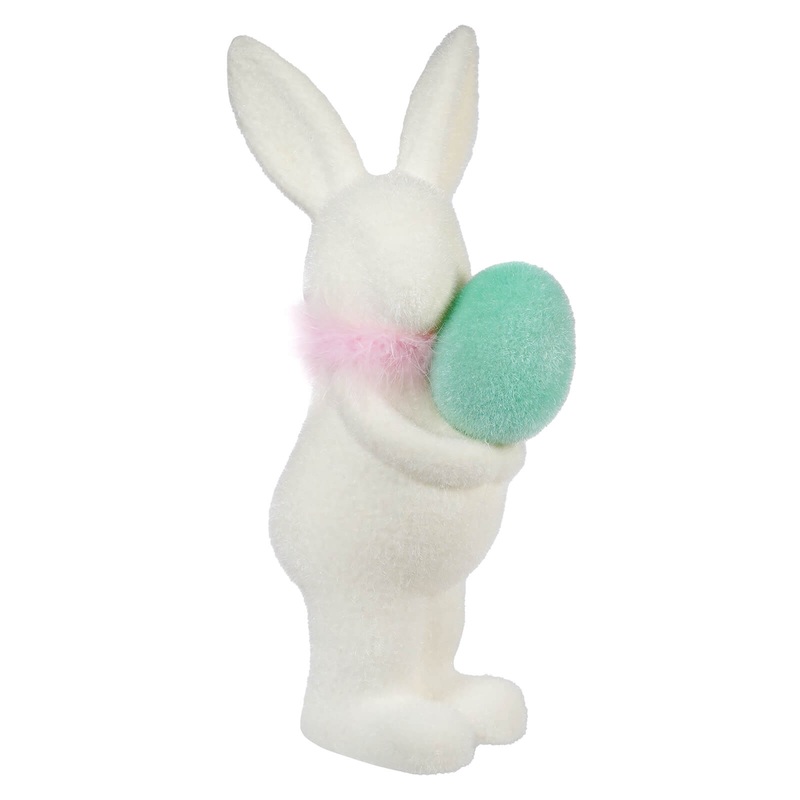 16″ Flocked White Bunny Holding Teal Egg
