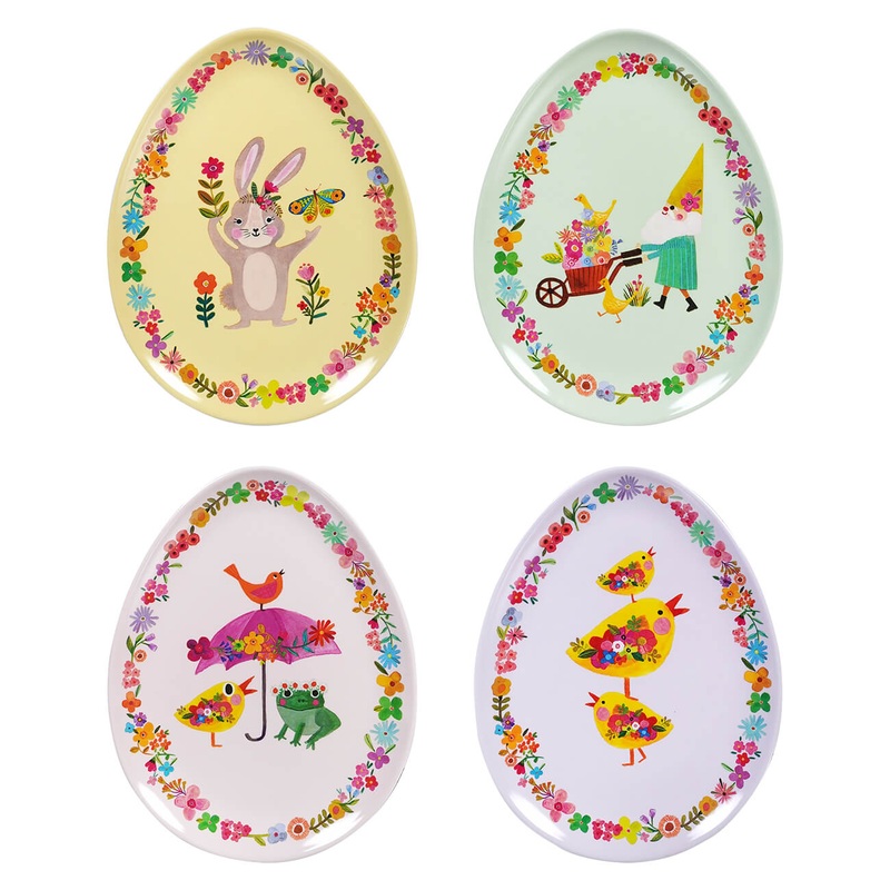 7″ Egg Shaped Floral Patterned Spring Plates Set/4