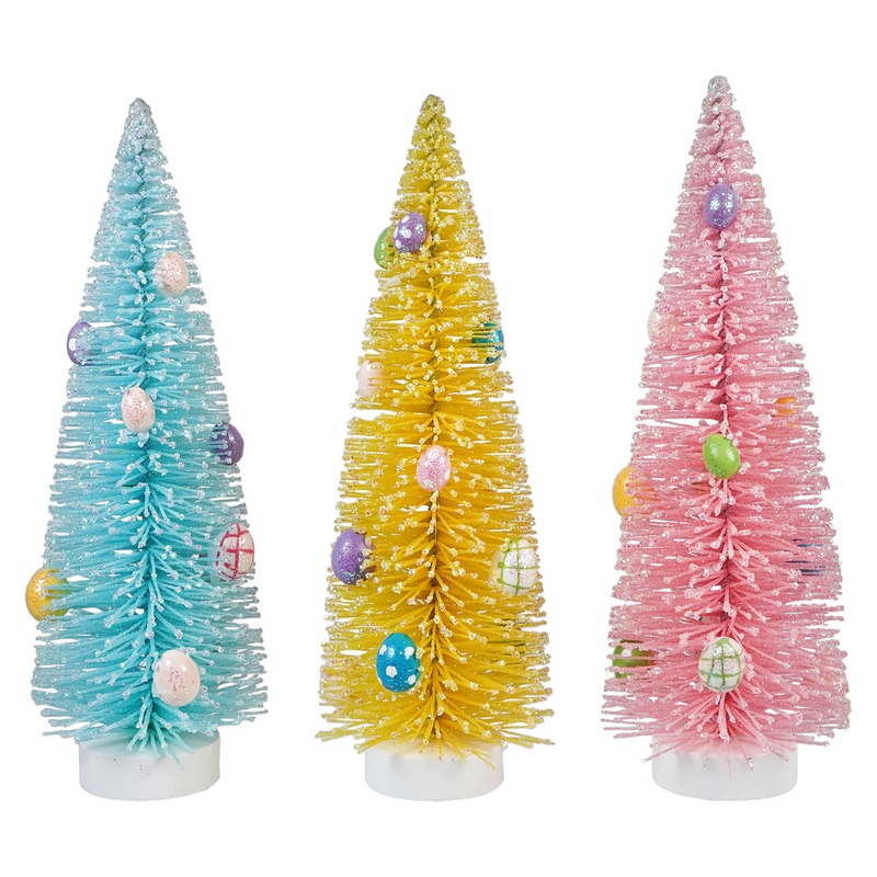 10″ Pastel Blue, Yellow & Pink Flocked Bristle Easter Egg Trees Set/3