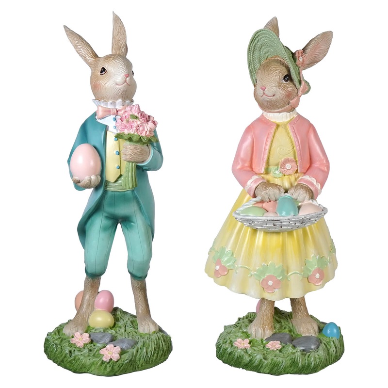 16″ Large Dapper Dressed Easter Bunny Couple Carrying Colored Eggs Set/2