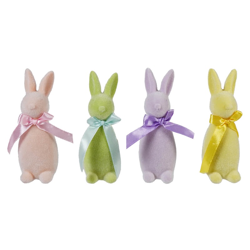 4.25″ Pastel Green, Pink, Yellow & Violet Flocked Easter Bunnies Set/4
