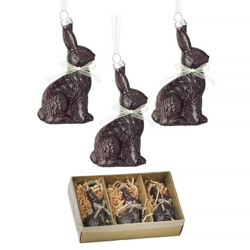 4″ Glass Chocolate Bunny Ornaments Boxed Set/3