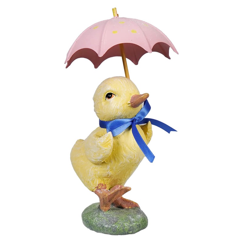 Yellow Chick With Blue Ribbon & Holding Pink Umbrella