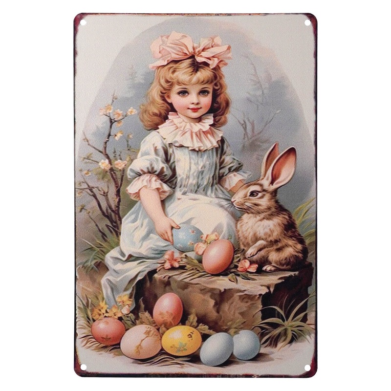 Vintage Smartly Dressed Girl With Easter Eggs & Bunny Metal Sign