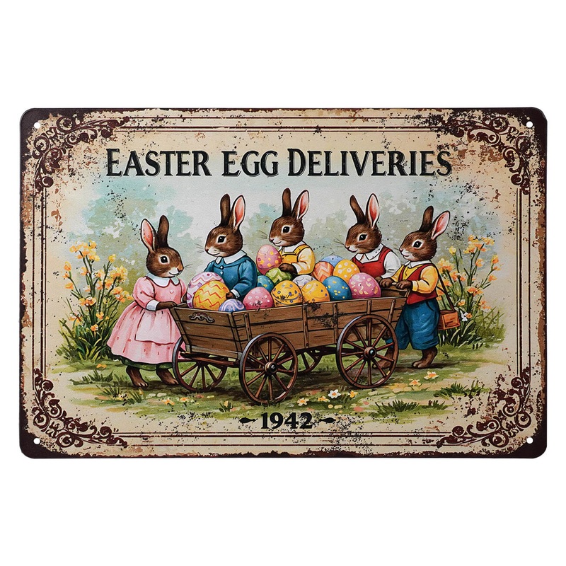 Vintage 1942 “Easter Egg Deliveries” Easter Bunnies Metal Sign
