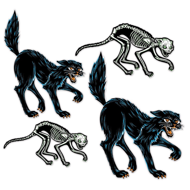 Vintage Halloween Jointed Skeleton & Black Cats Set/4