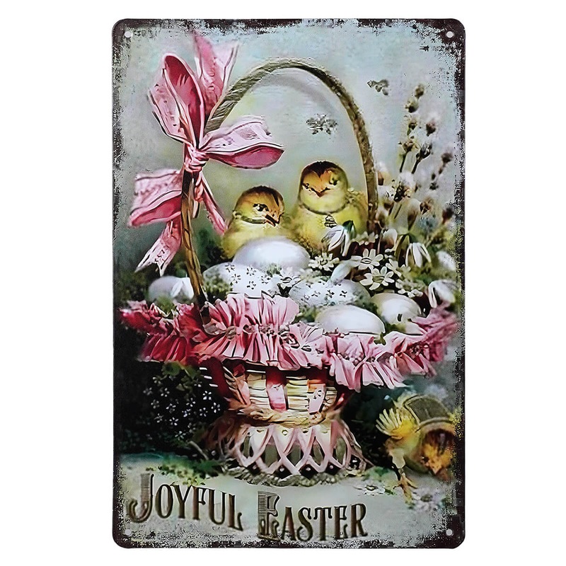 Vintage “Joyful Easter” Chicks In Easter Basket Metal Sign