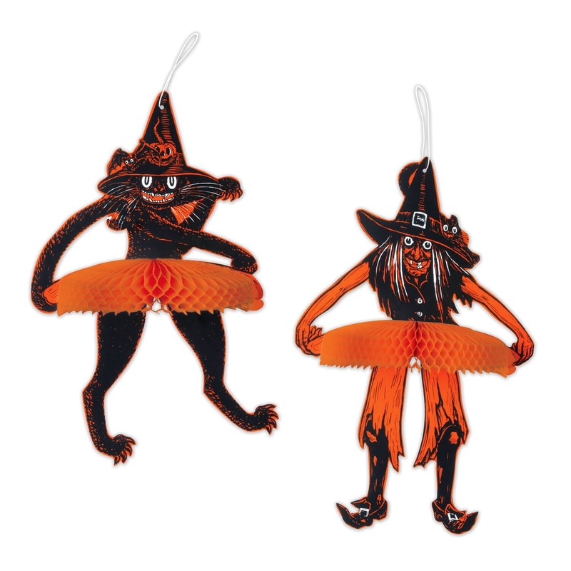 Vintage Halloween Tango Jointed Witch & Cat Set/2