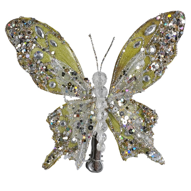 7″ Jeweled & Glittered Green Butterfly Clip-On Ornament