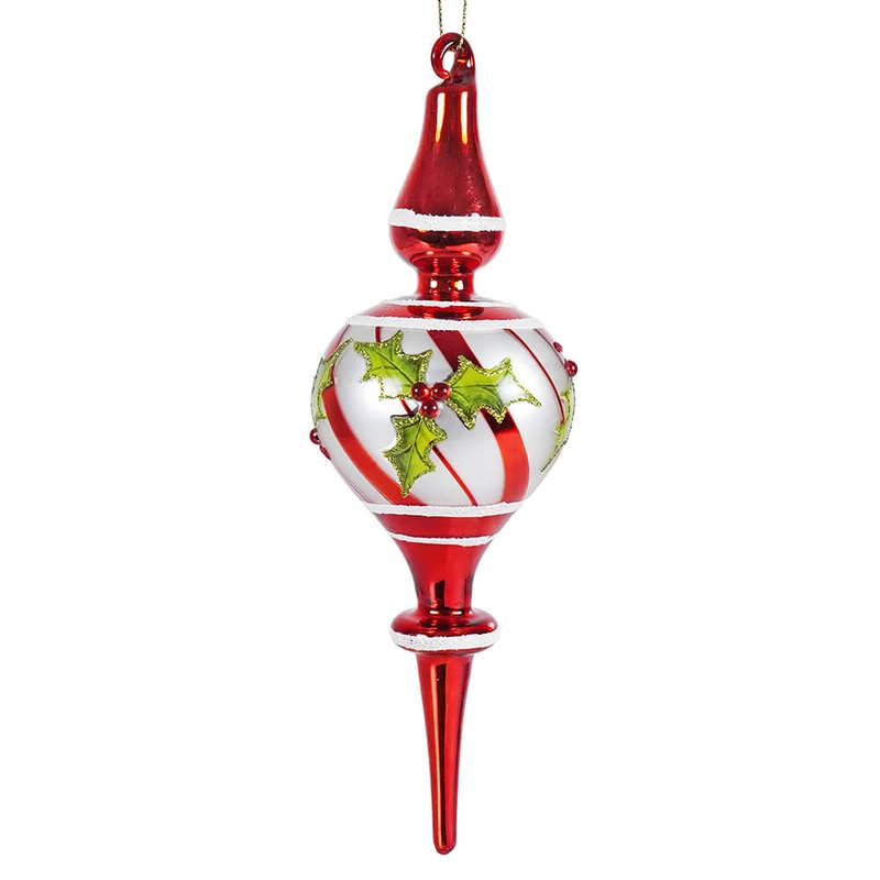 9.25″ Red & White Diagonal Striped Holly Glass Finial Ornament