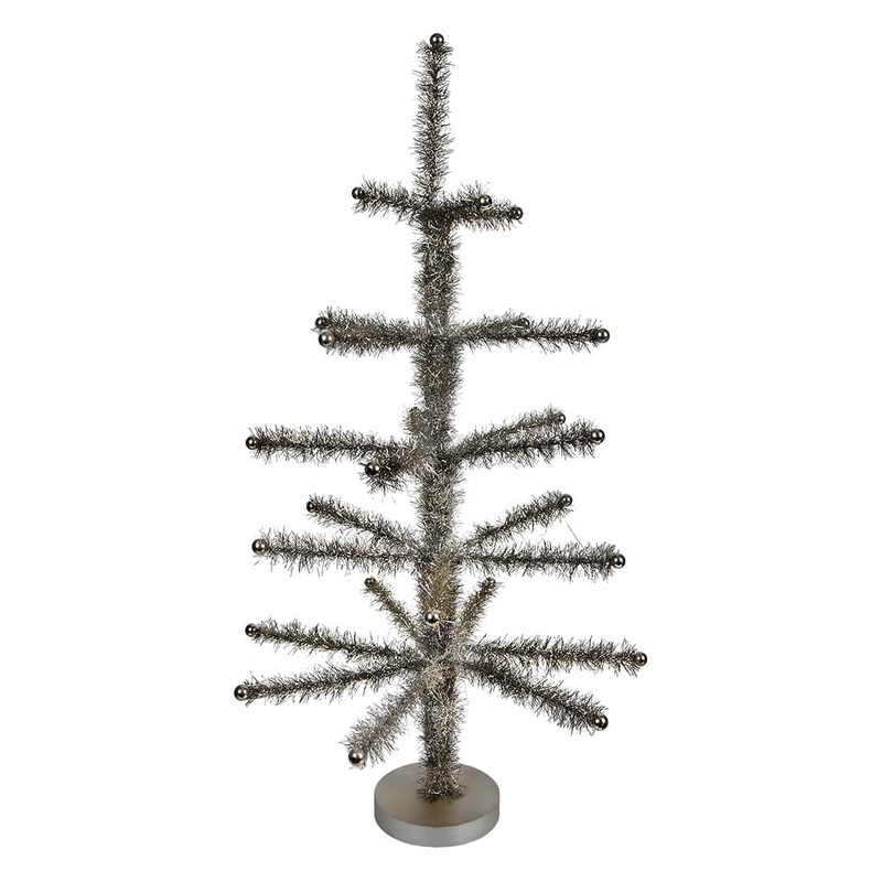 26″ Short Pewter Tinsel Tree With Beaded Tips